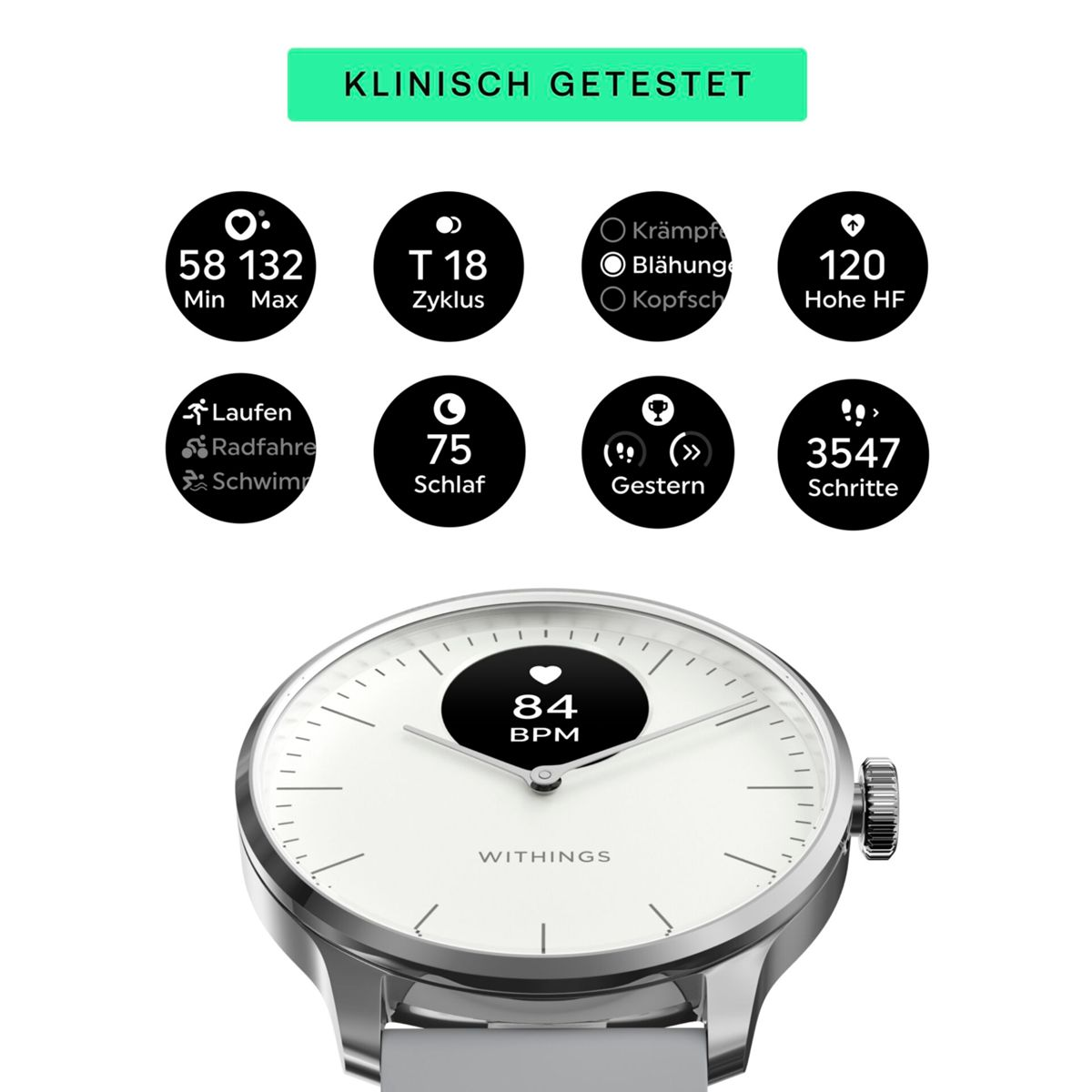 Smartwatch Withings z białą tarczą wyświetlającą statystyki, z ikonami aktywności.