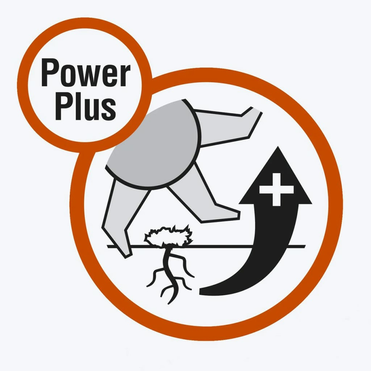 Un'illustrazione con un piede, radici e una freccia, e le parole Power Plus in un cerchio.
