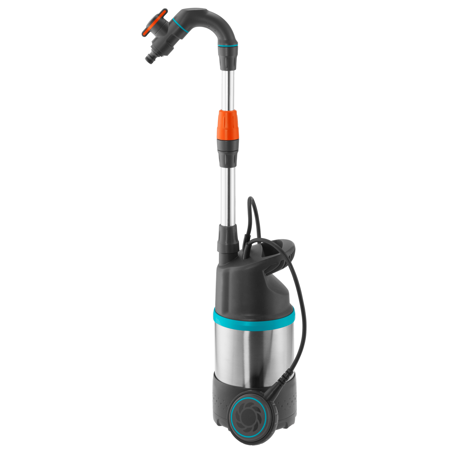 Eine schwarze und silberne Gardena-Tauchpumpe mit orangefarbenem und blauem Akzent auf schwarzem Hintergrund.