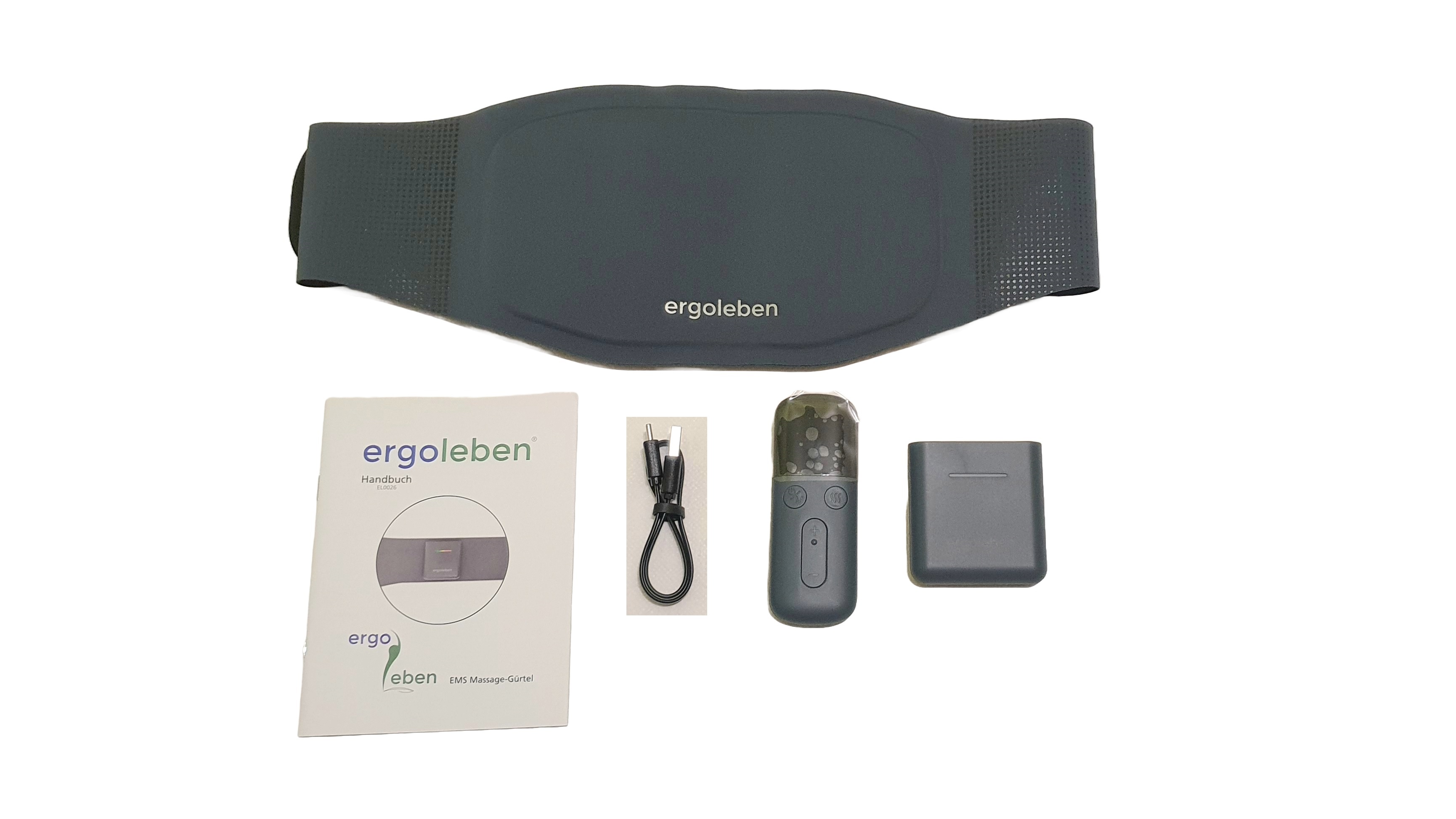 Grauer ergonomischer Gürtel mit Steuerung, Fernbedienung und Dokumentation. Weißer Hintergrund.