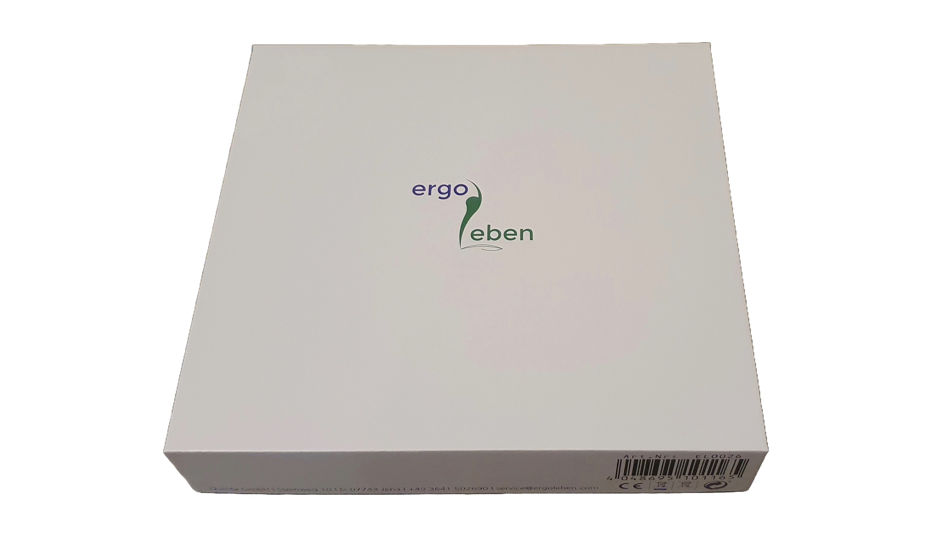 Eine weiße Schachtel mit dem Logo 'ergo eben' in Lila und Grün. Es hat ein einfaches Design und ist isoliert.