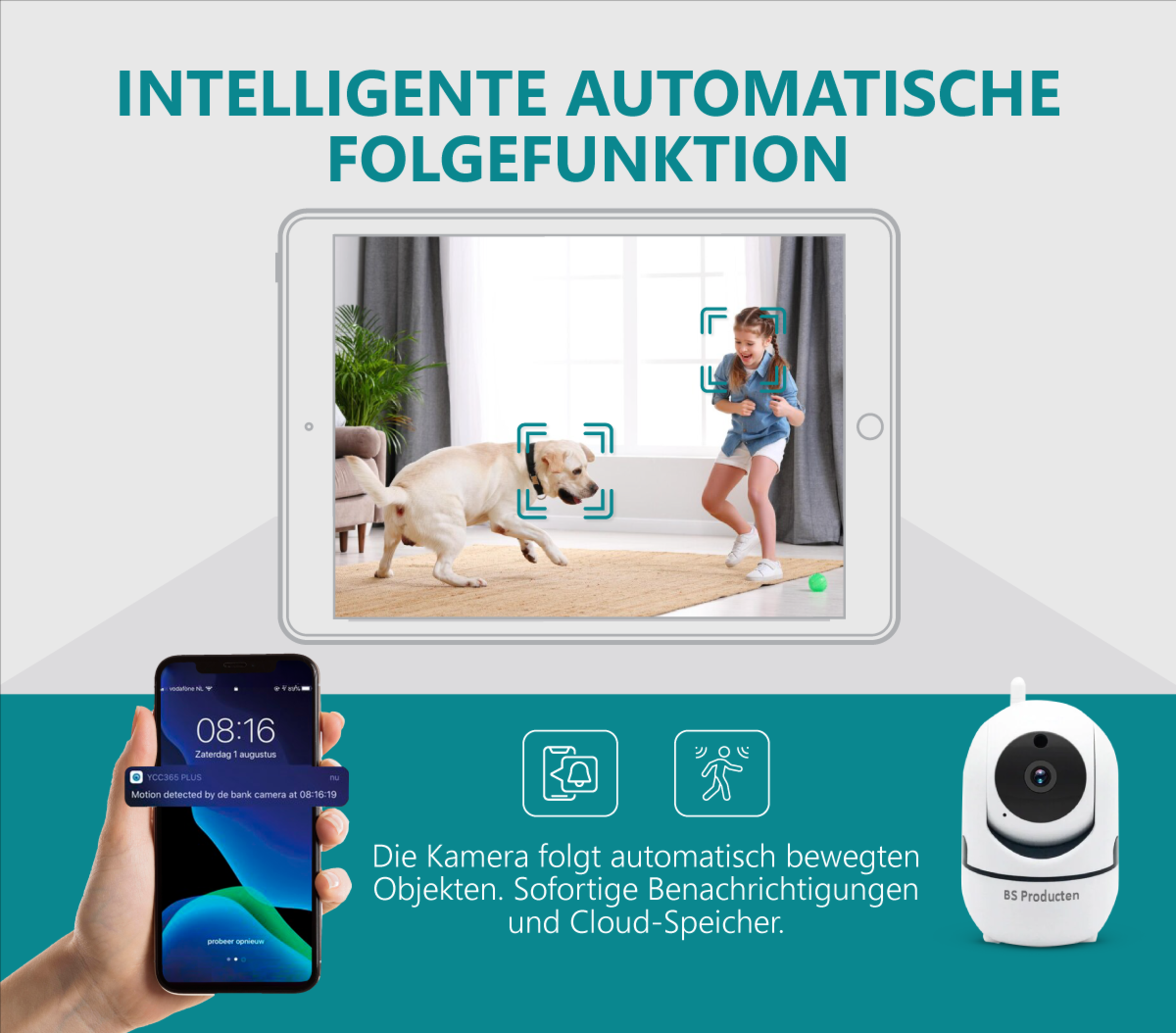 BS PRODUCTEN Hunde und Babyphone IP GHz Überwachungskamera mit 2,4 Weiß, camera WLAN Innen kamera mit App