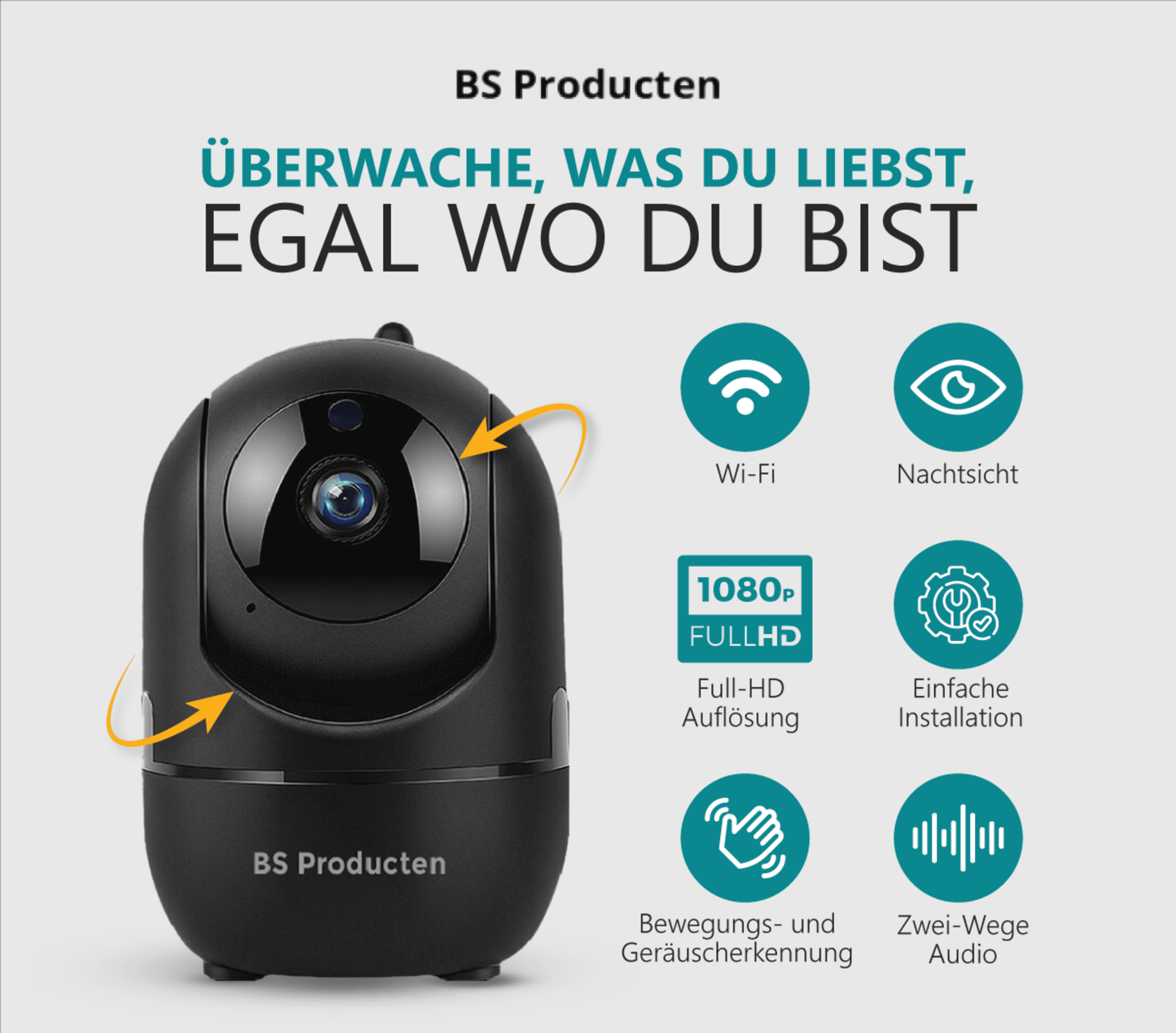 BS PRODUCTEN Hundekamera mit App IP camera WLAN Schwarz, Überwachungskamera 2,4 GHz Innen
