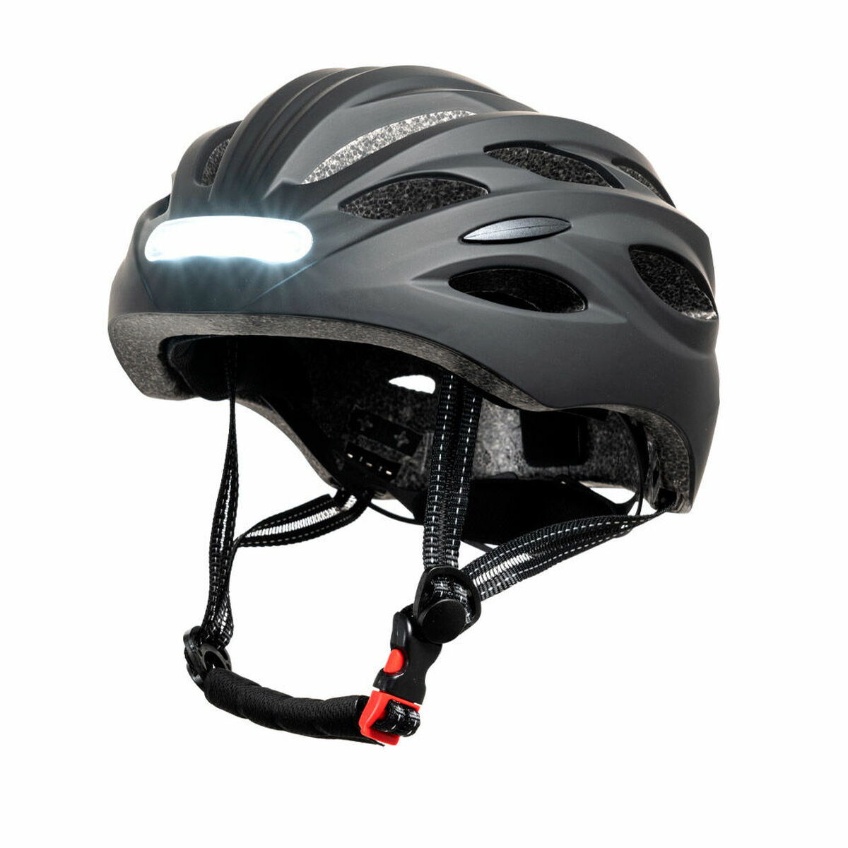 Casco de bicicleta negro con luz frontal, con correas negras y hebilla roja.