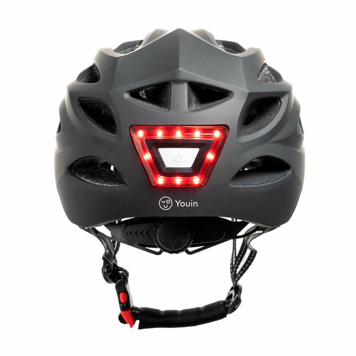 Un casco de bicicleta negro con una luz roja en la parte trasera, fondo blanco.