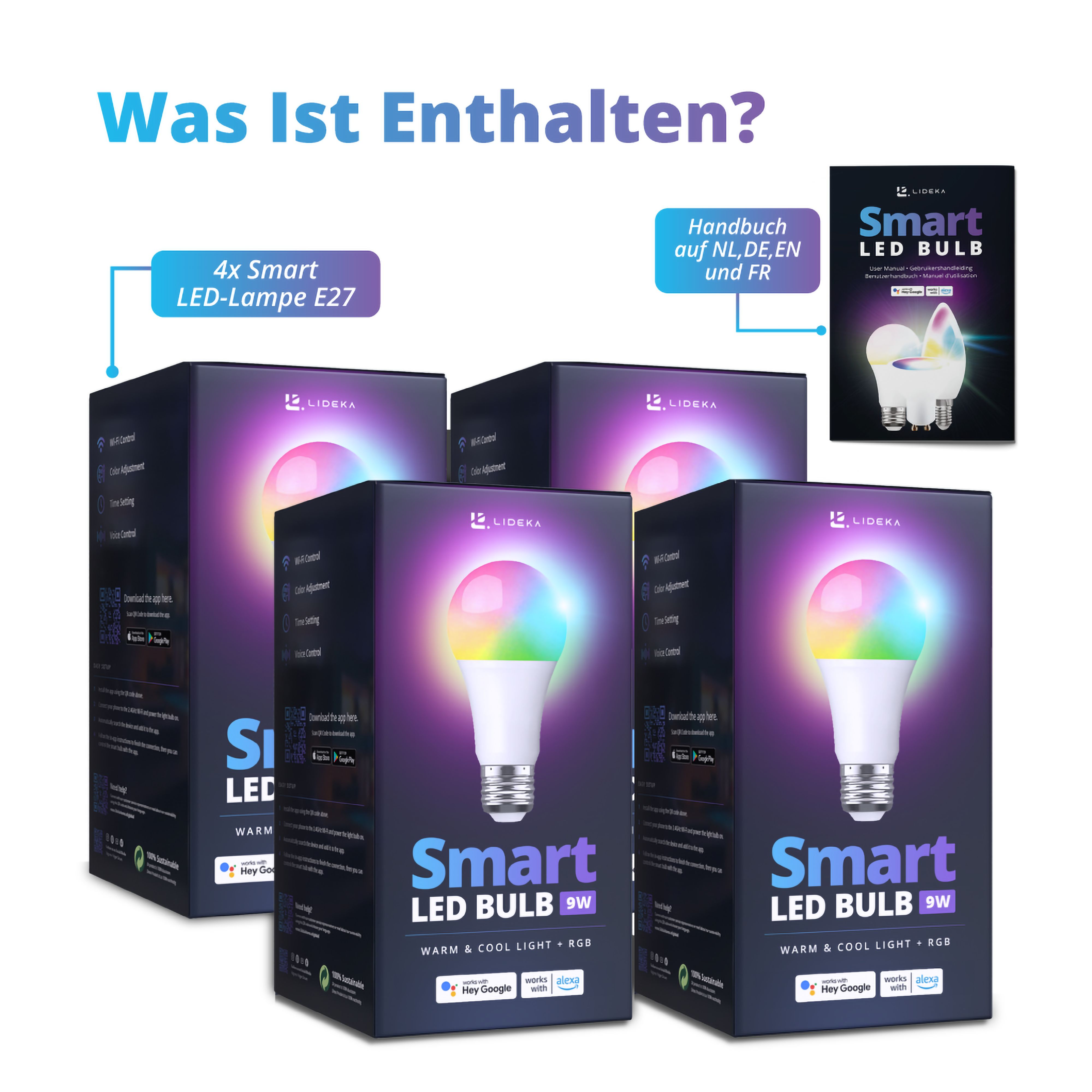LIDEKA E27 Smart LED 9W LED-Leuchtmittel Watt 4er-pack Dimmbare 5 Lampe WiFi E27 Multicolors