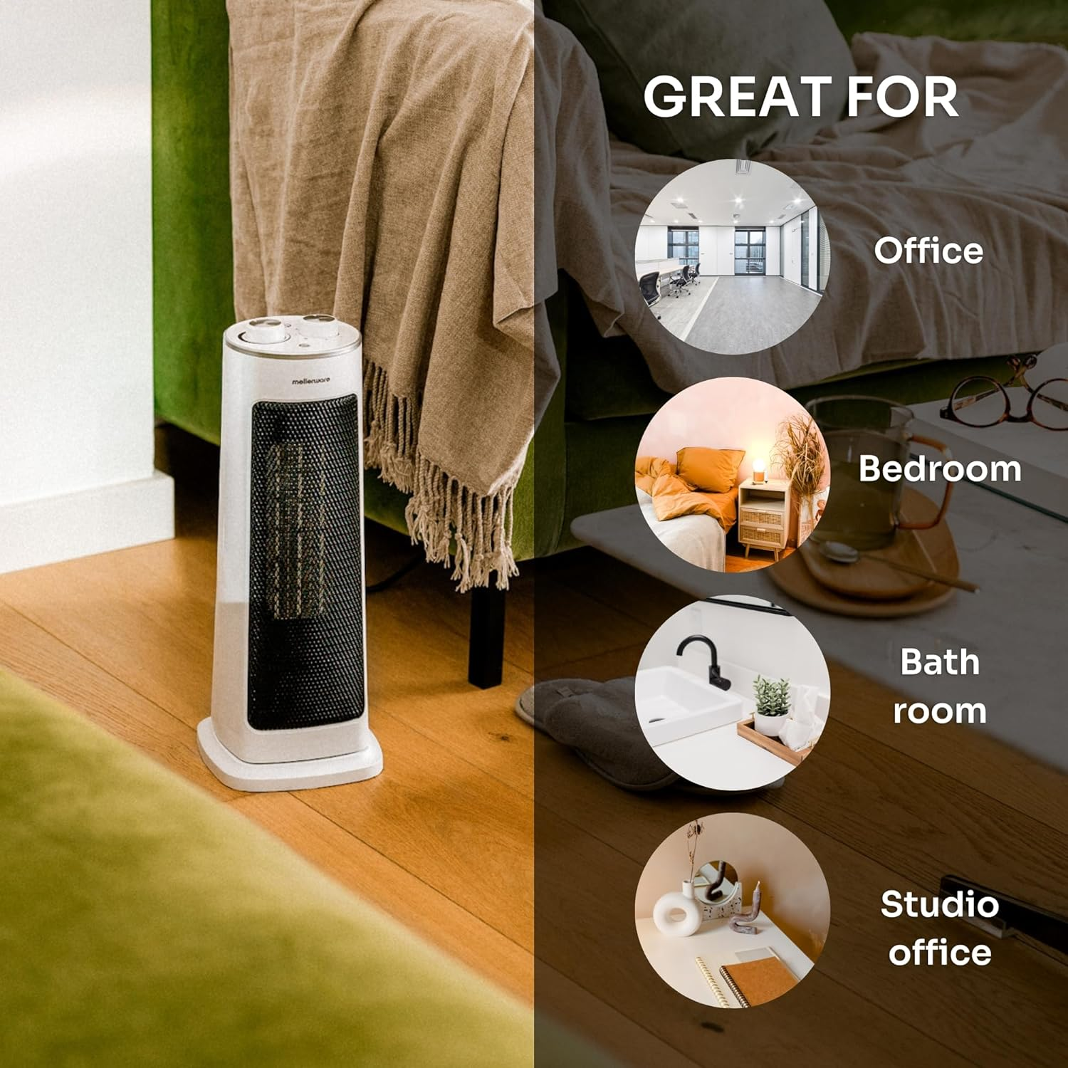 Termoventilatore a torre bianco e nero con testo, immagini di stanze: ufficio, camera da letto, bagno e studio.