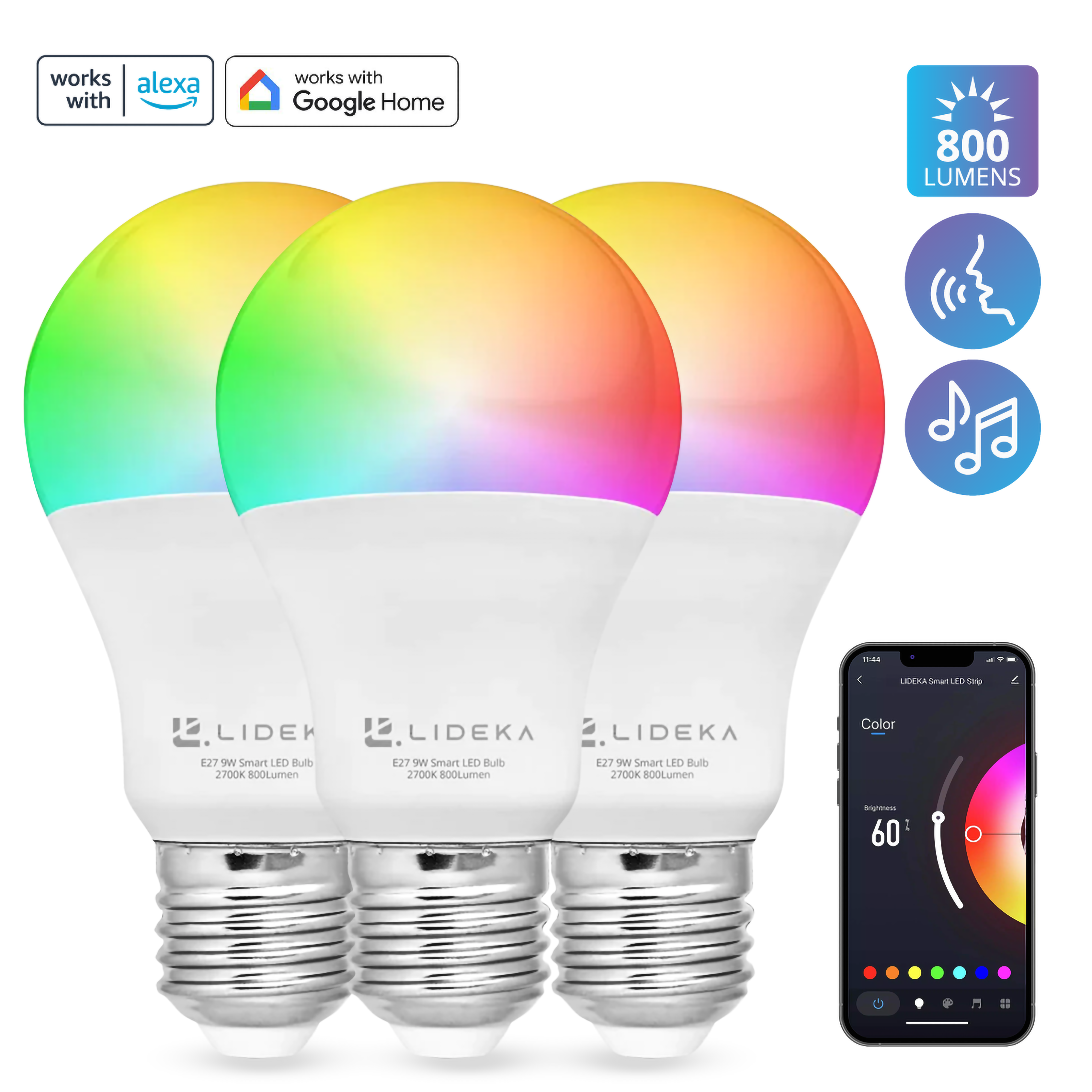 3er-pack Watt Dimmbare LED E27 9W LIDEKA WiFi Multicolors Lampe LED-Leuchtmittel Smart 5 E27