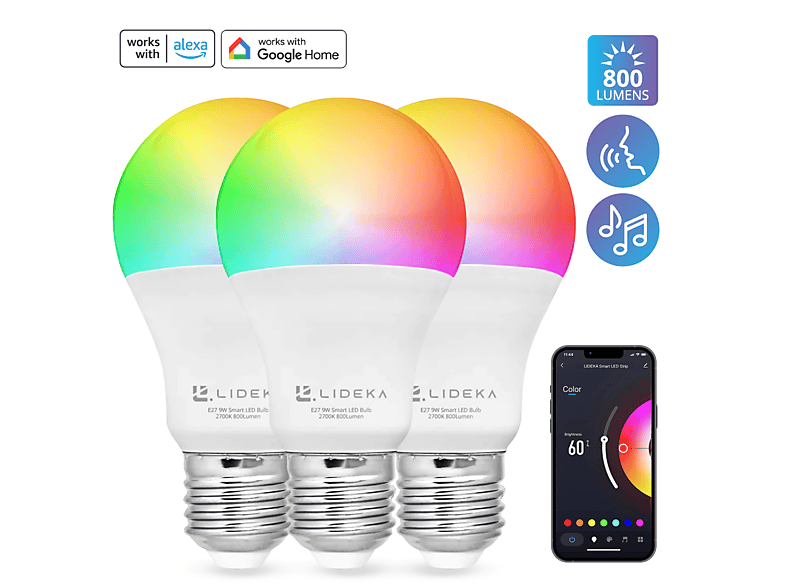 Dimmbare Smart Watt E27 Multicolors 3er-pack LED Lampe 5 WiFi LIDEKA 9W LED-Leuchtmittel E27
