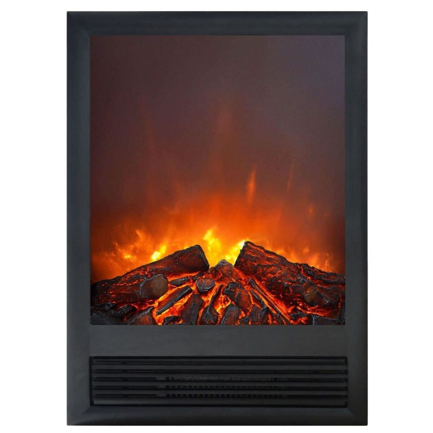 Een zwarte open haard met een fel oranje vlameffect. Het frame is donker, met een ventilatieopening eronder.