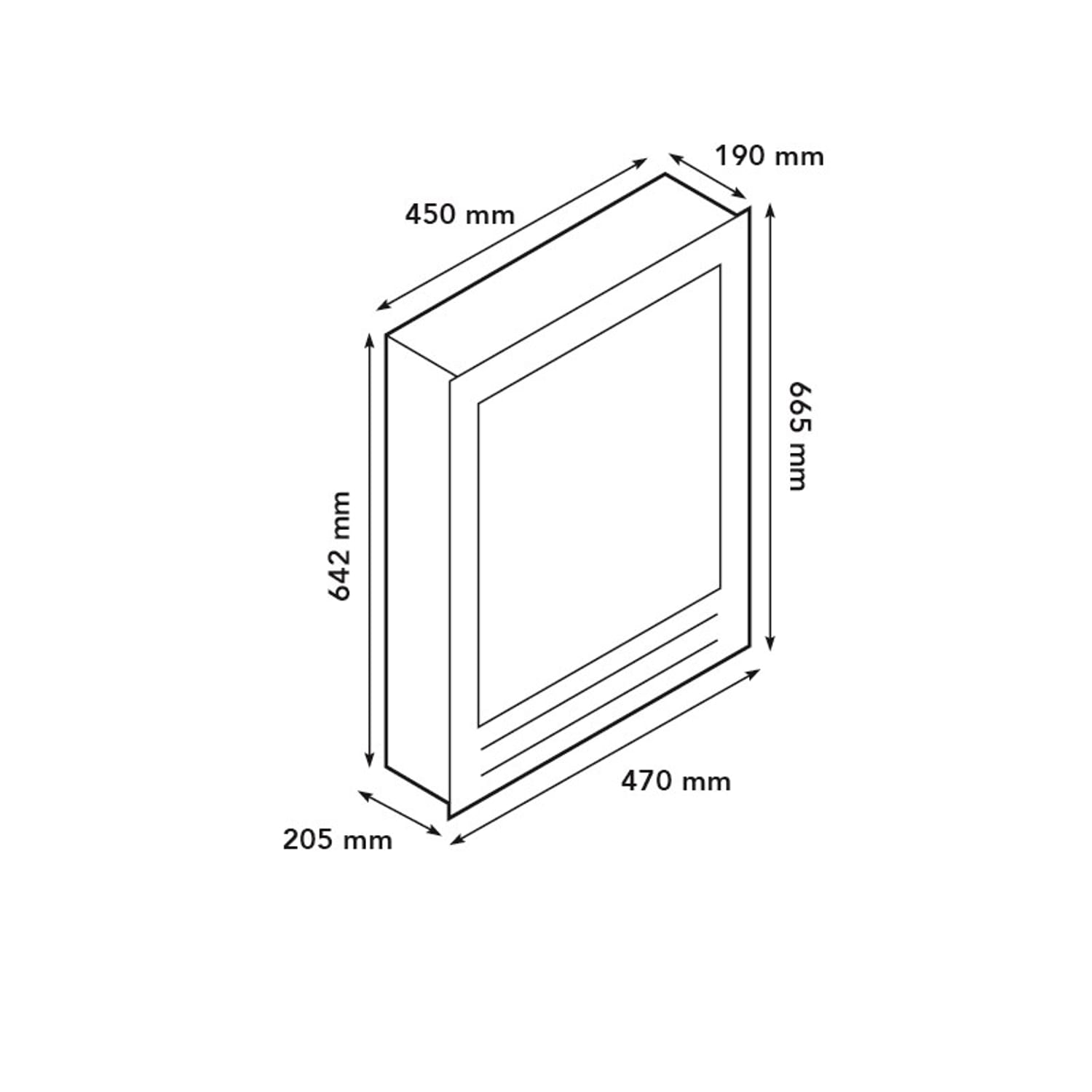 Isometrisch beeld van een rechthoekige doos met afmetingen in millimeters.