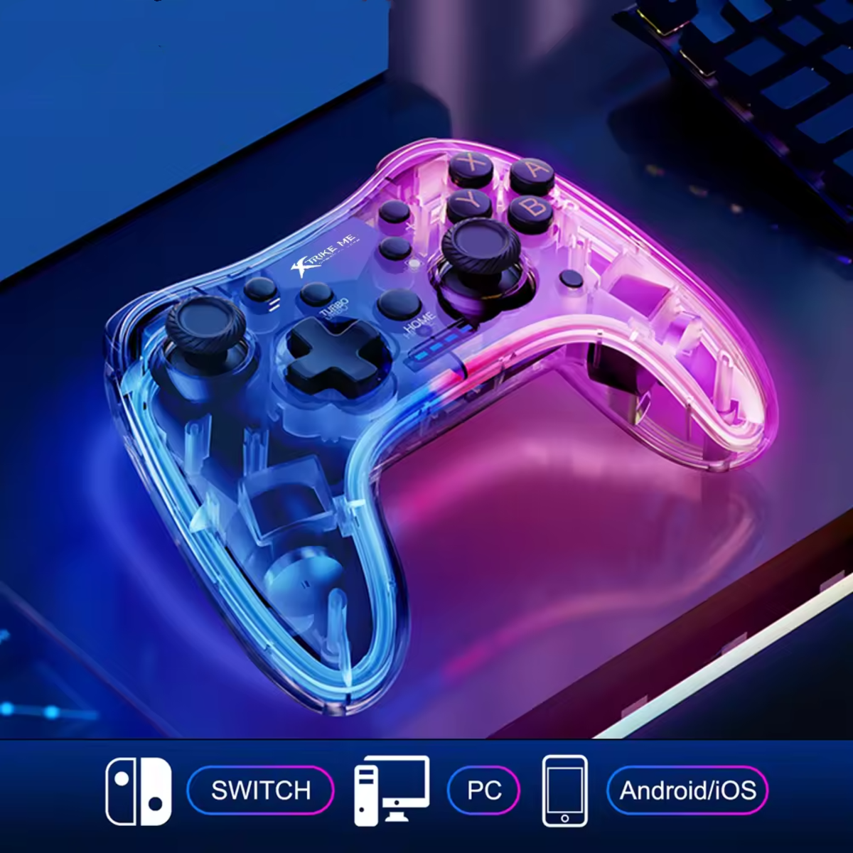 Un mando de juego transparente y multicolor con varios botones sobre una superficie azul.