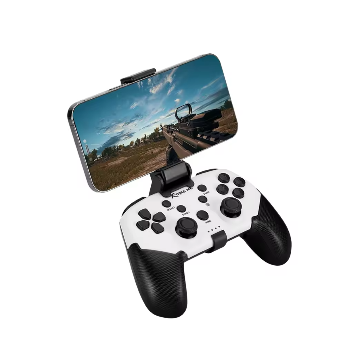 Controlador de juegos blanco y negro con teléfono adjunto, mostrando una escena de juego.