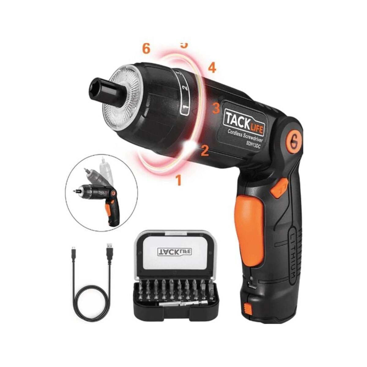 Destornillador inalámbrico negro y naranja, con estuche, cable USB y múltiples puntas.