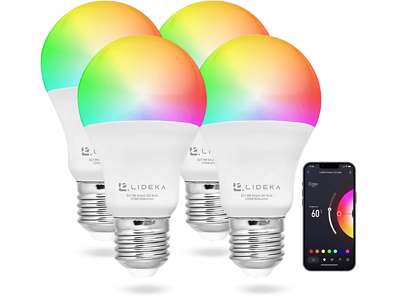 Multicolors LIDEKA LED Dimmbare Smart E27 E27 9W WiFi Watt Lampe LED-Leuchtmittel 5 4er-pack