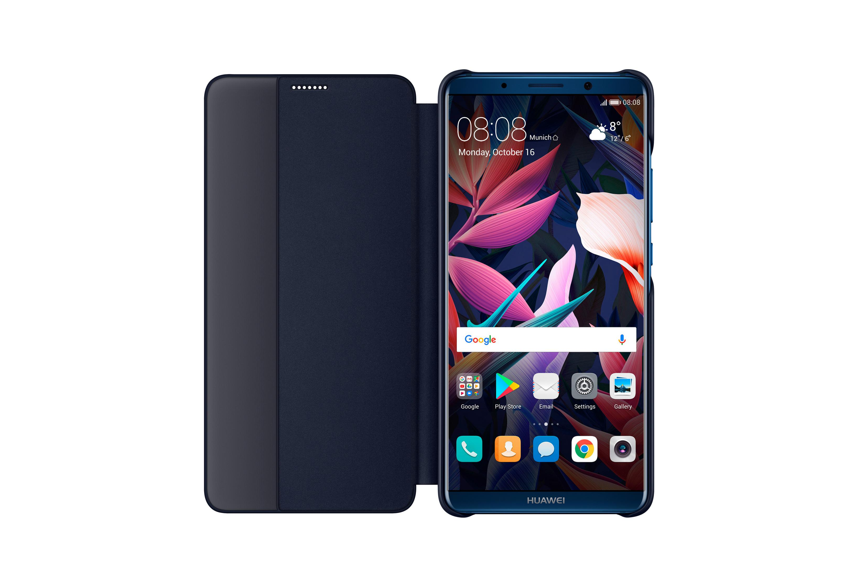 Ein Smartphone in einer marineblauen Hülle, das einen Startbildschirm mit App-Symbolen zeigt.
