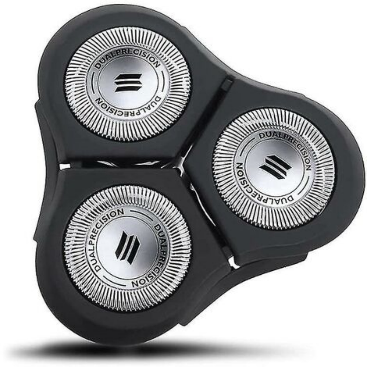 Drei schwarze Rasierköpfe. Jeder hat einen Metallring. Die Köpfe sind auf einem schwarzen Sockel.