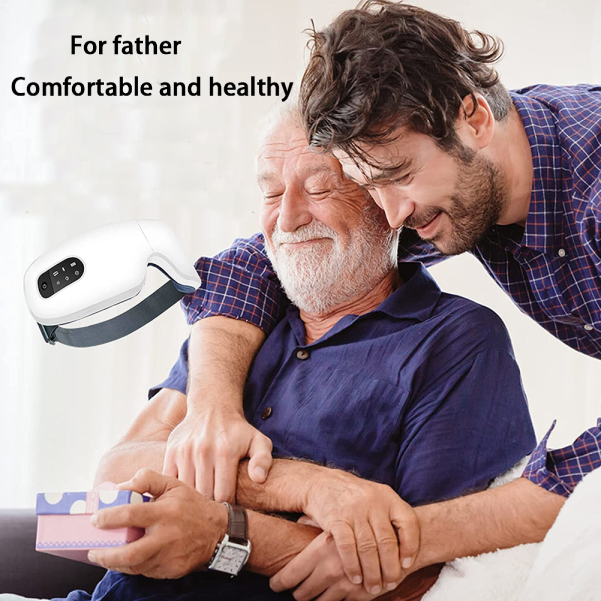 Ein Sohn umarmt seinen Vater, der ein Geschenk hält. Text: Für den Vater. Bequem und gesund.