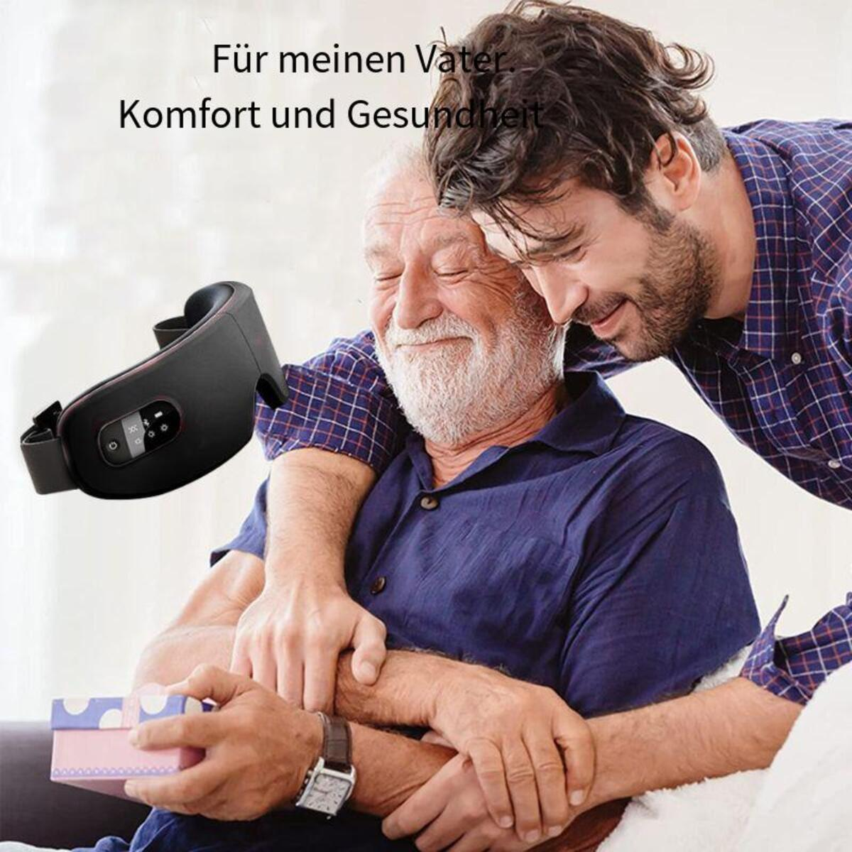 Ein Mann gibt einem älteren Mann ein Massagegerät. Text: Für meinen Vater, Komfort und Gesundheit.