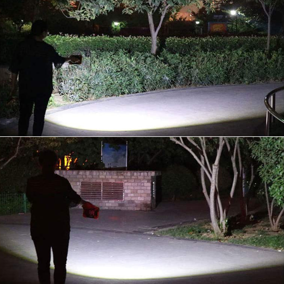 Person beleuchtet nachts einen Weg mit einer Taschenlampe. Das Licht erzeugt einen hellen Punkt.