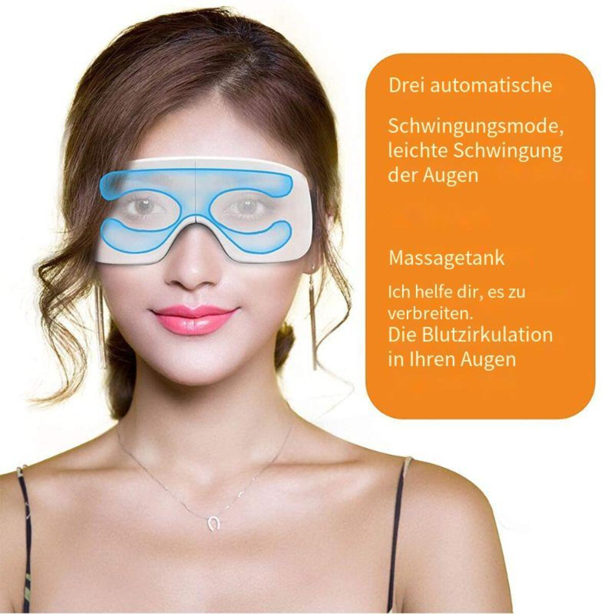 Frau mit Augenmassagegerät. Text: 3 Modi, sanfte Augenmassage, hilft verteilen, Durchblutung der Augen.