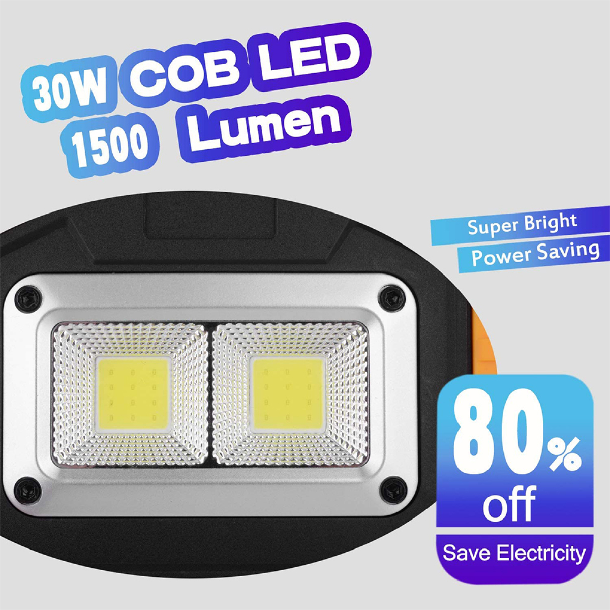 Eine schwarze und orange LED-Leuchte mit Text "30W COB LED 1500 Lumen".