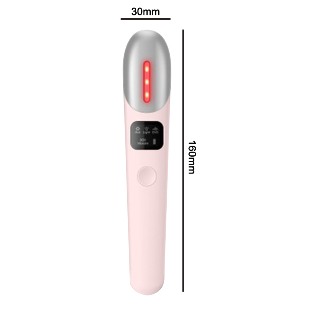 Rosa Gesichtsmassagegerät mit roten Lichtern und Abmessungen von 30mm x 160mm.