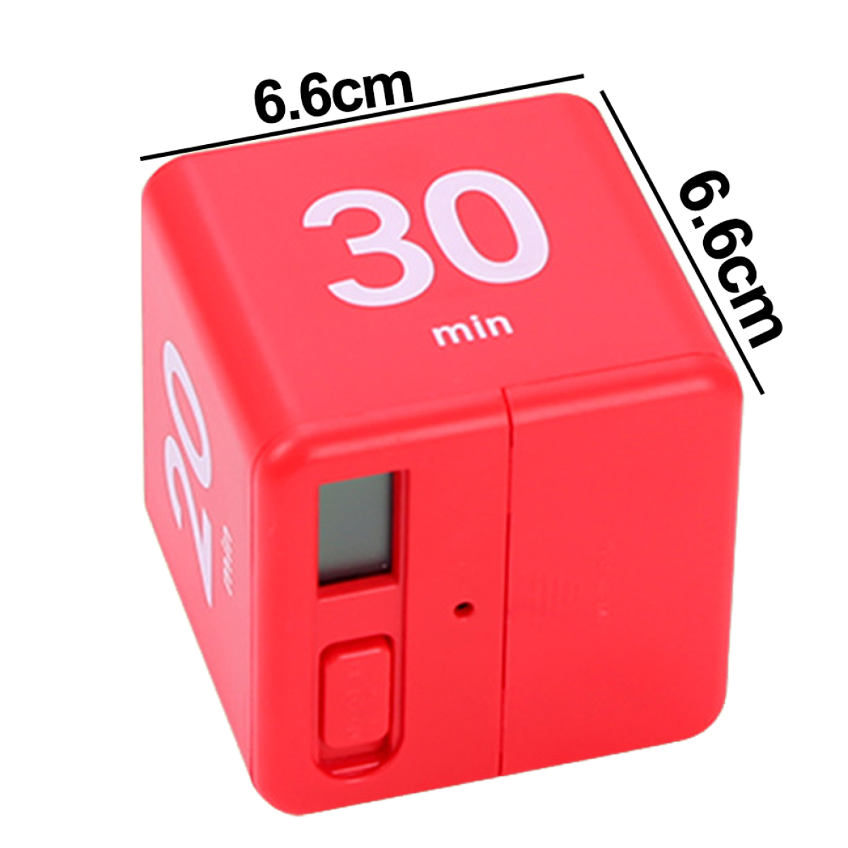 Ein roter Würfel-Timer mit einem Display, das 30 Min. anzeigt. Maße beschriftet.