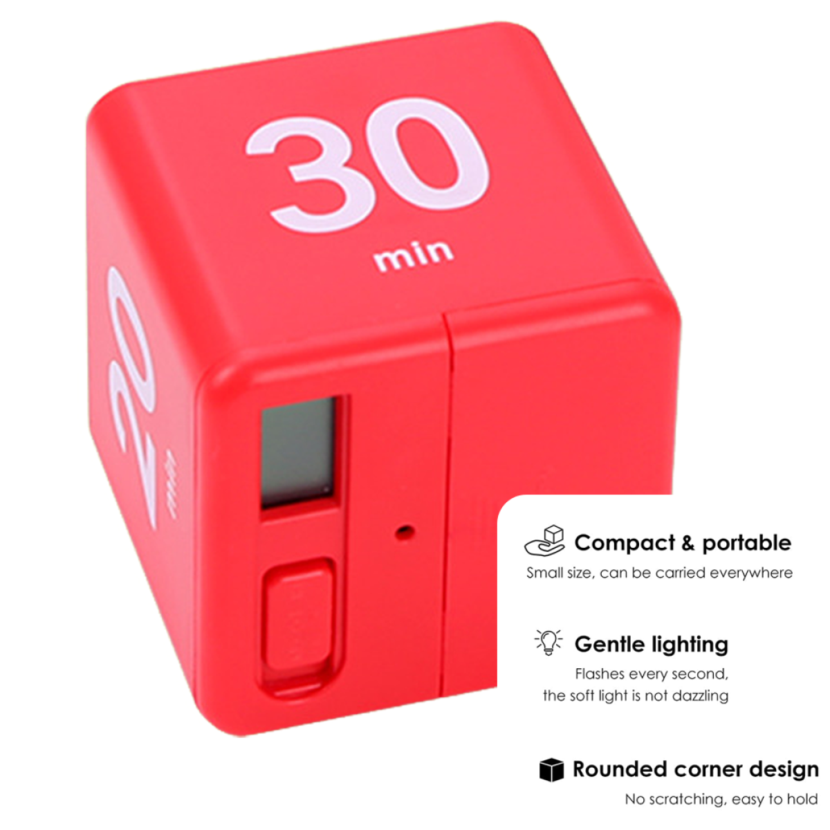 Roter Würfel-Timer mit weißen Zahlen und Display. Text sagt Kompakt & tragbar.