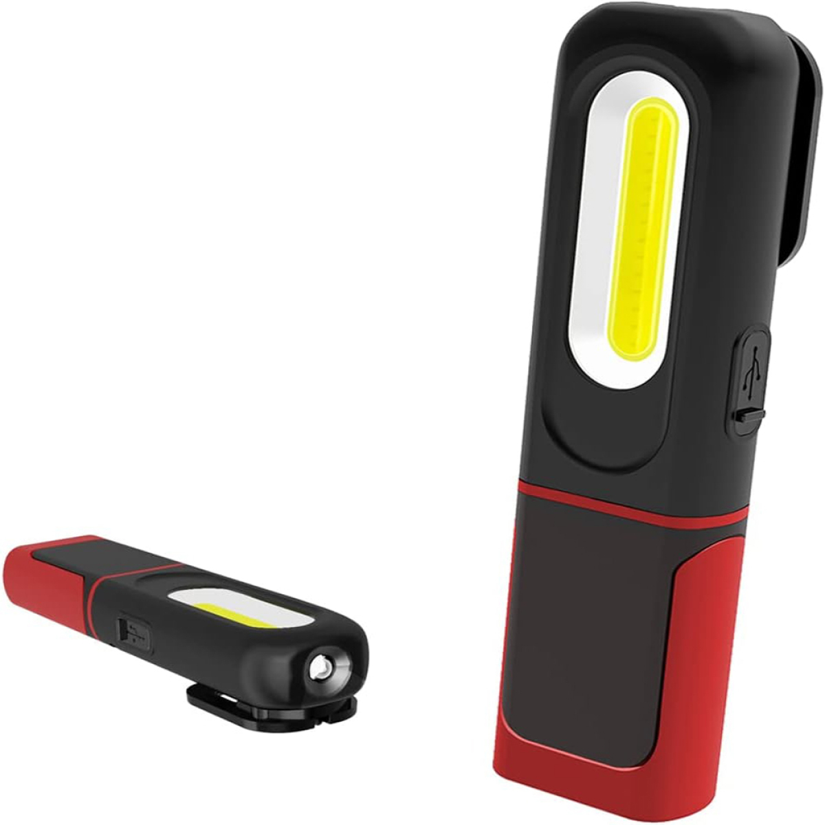 Zwei Taschenlampen, eine rot/schwarz und eine schwarz/rot. Die rot/schwarze ist beleuchtet.