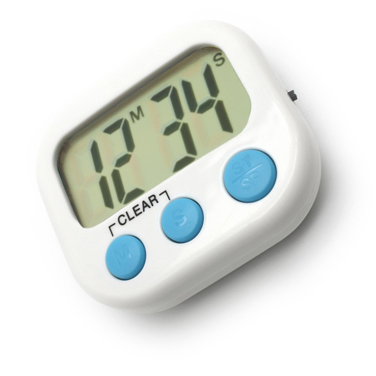 Ein weißer digitaler Timer mit blauen Knöpfen. Der Timer zeigt 12:34 mit einer Clear-Taste.