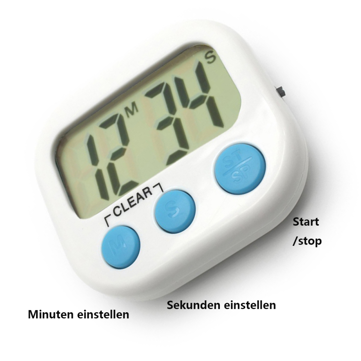 Weißer Digitaltimer mit blauen Knöpfen für Minuten, Sekunden und Start/Stopp-Funktionen.