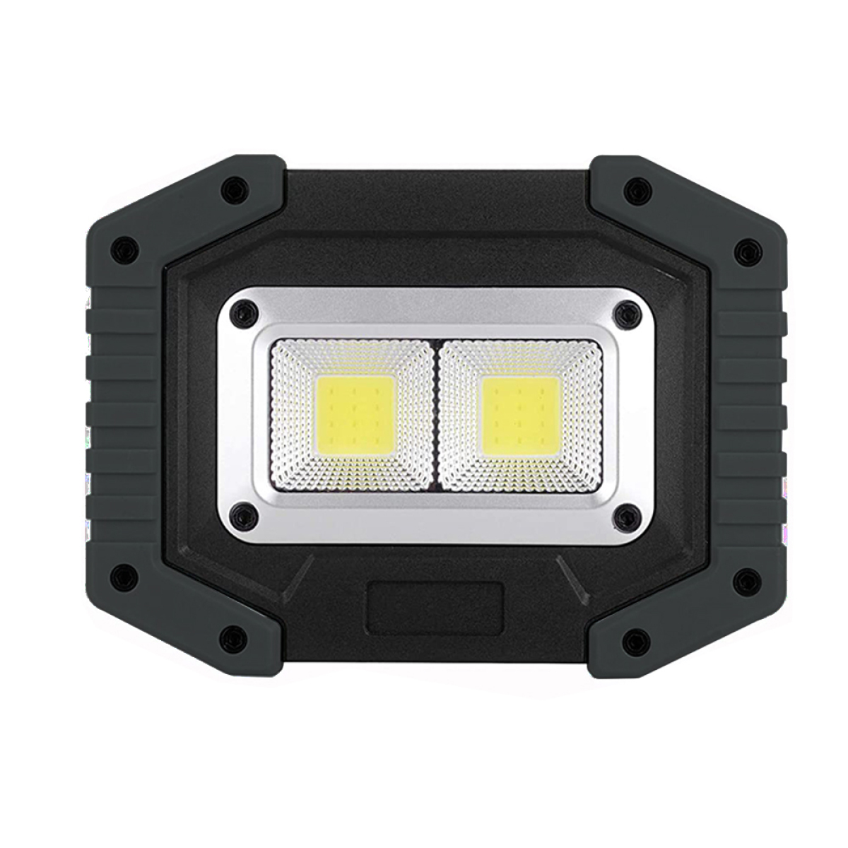 Eine schwarz-graue Arbeitsleuchte mit zwei hellen LED-Panels und schwarzen Kanten.