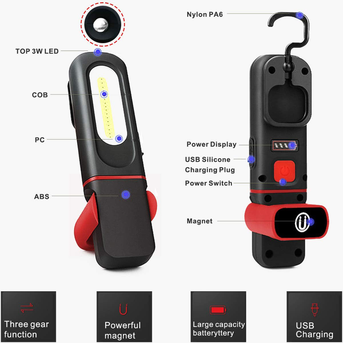 Eine schwarze und rote Arbeitsleuchte, mit Etiketten, Haken, Magnet und USB-Ladeanschluss.