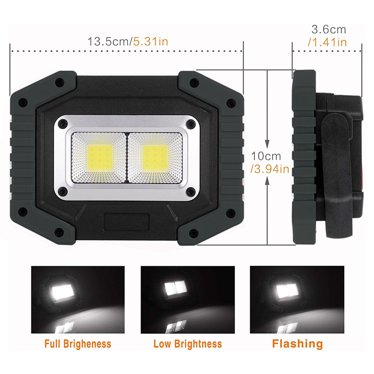 Eine schwarze Arbeitsleuchte mit Abmessungen und Lichtmodi. Volle, niedrige und blinkende Helligkeit.