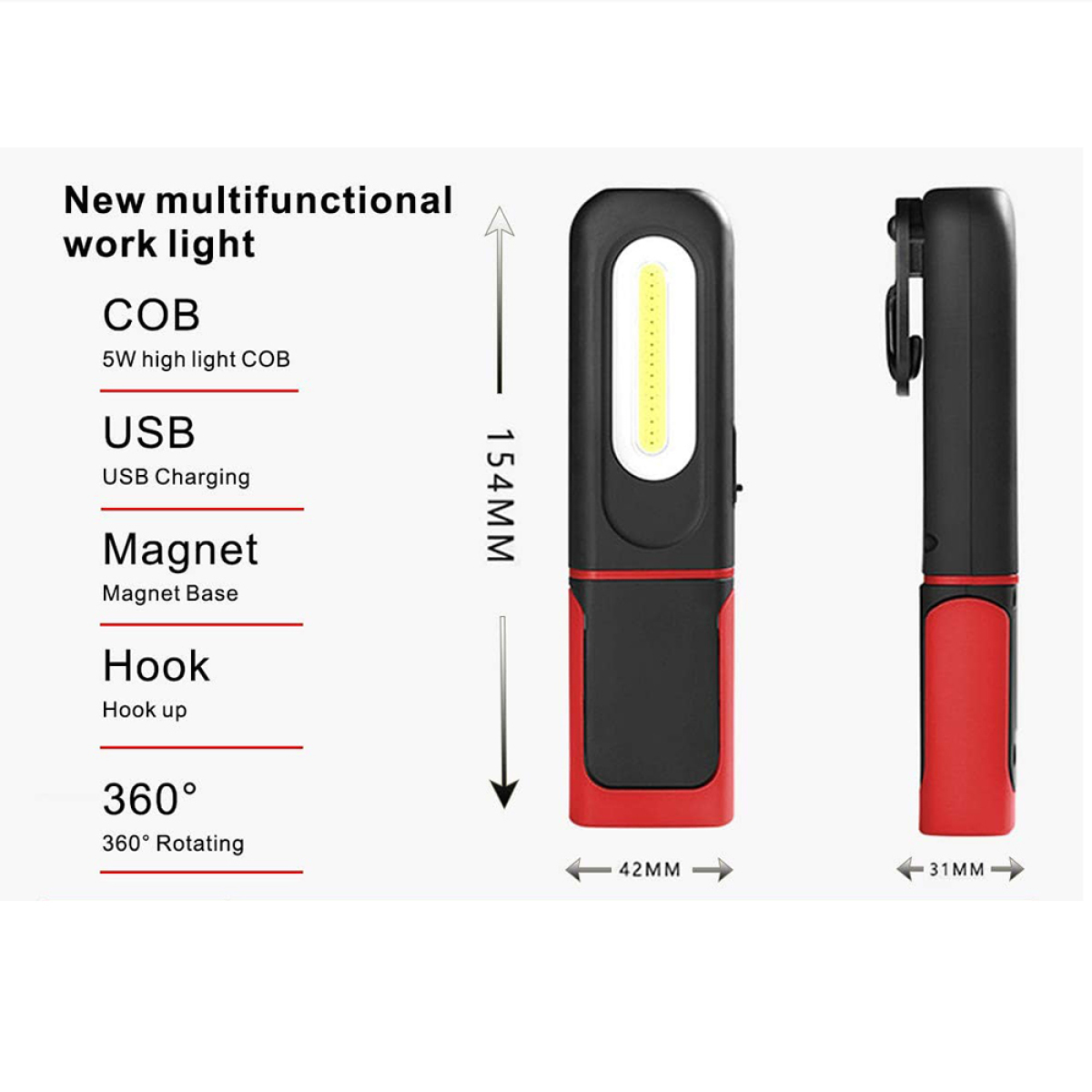 Schwarzes und rotes Arbeitslicht mit Maßen, USB-Aufladung und Magnetfuß, weißer Hintergrund.