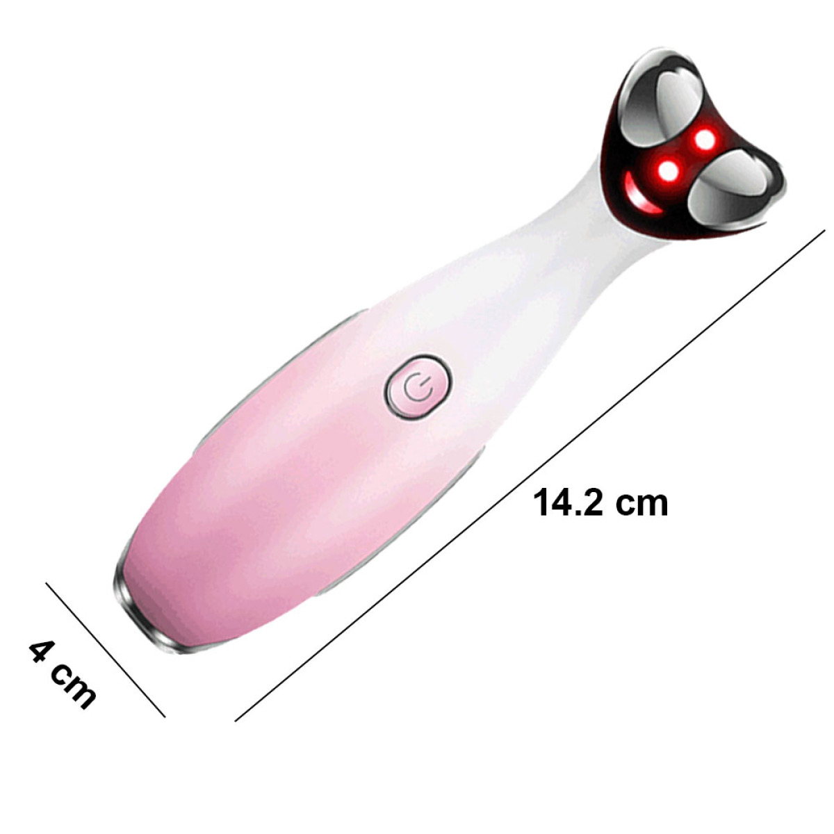 Ein rosa-weißes Gesichtsmassagegerät. Es hat einen Knopf und rote Lichter.