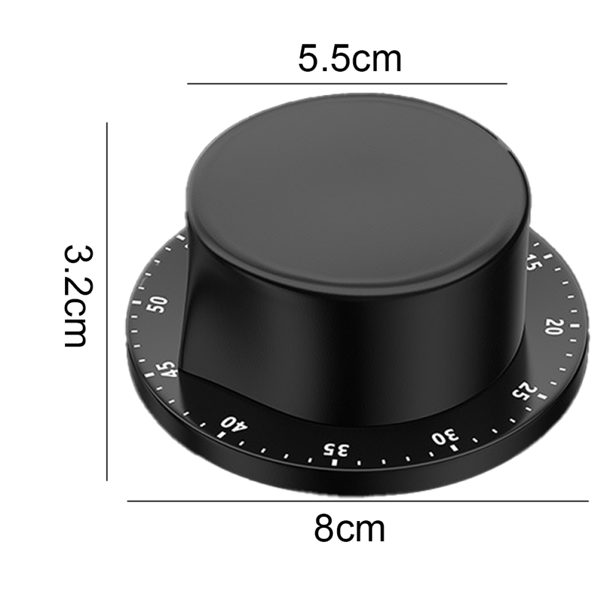 Schwarzer Timer mit Messungen, weißer Hintergrund, Abmessungen 3,2 cm, 5,5 cm und 8 cm beschriftet.