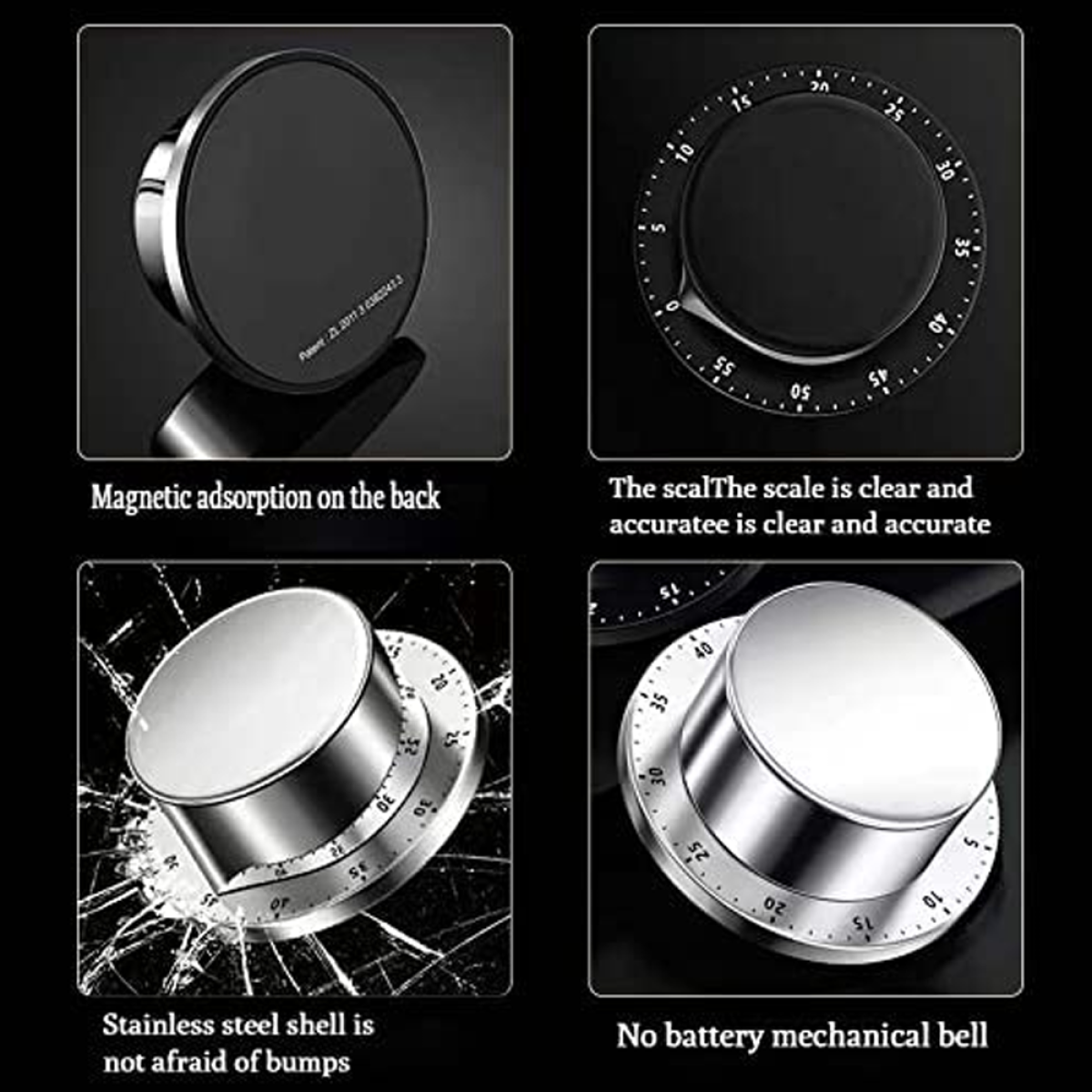 Schwarzer Timer mit silbernem Knopf. Er hat eine magnetische Rückseite und die Skala ist klar und präzise.