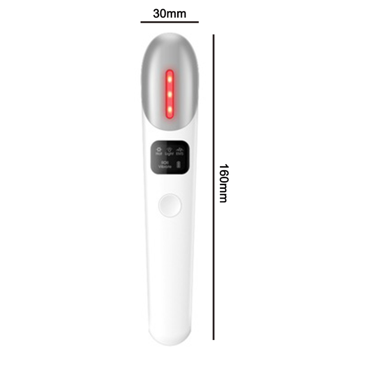 Ein weißes Gesichtsmassagegerät mit roten Lichtern mit den Abmessungen 30 mm x 160 mm.