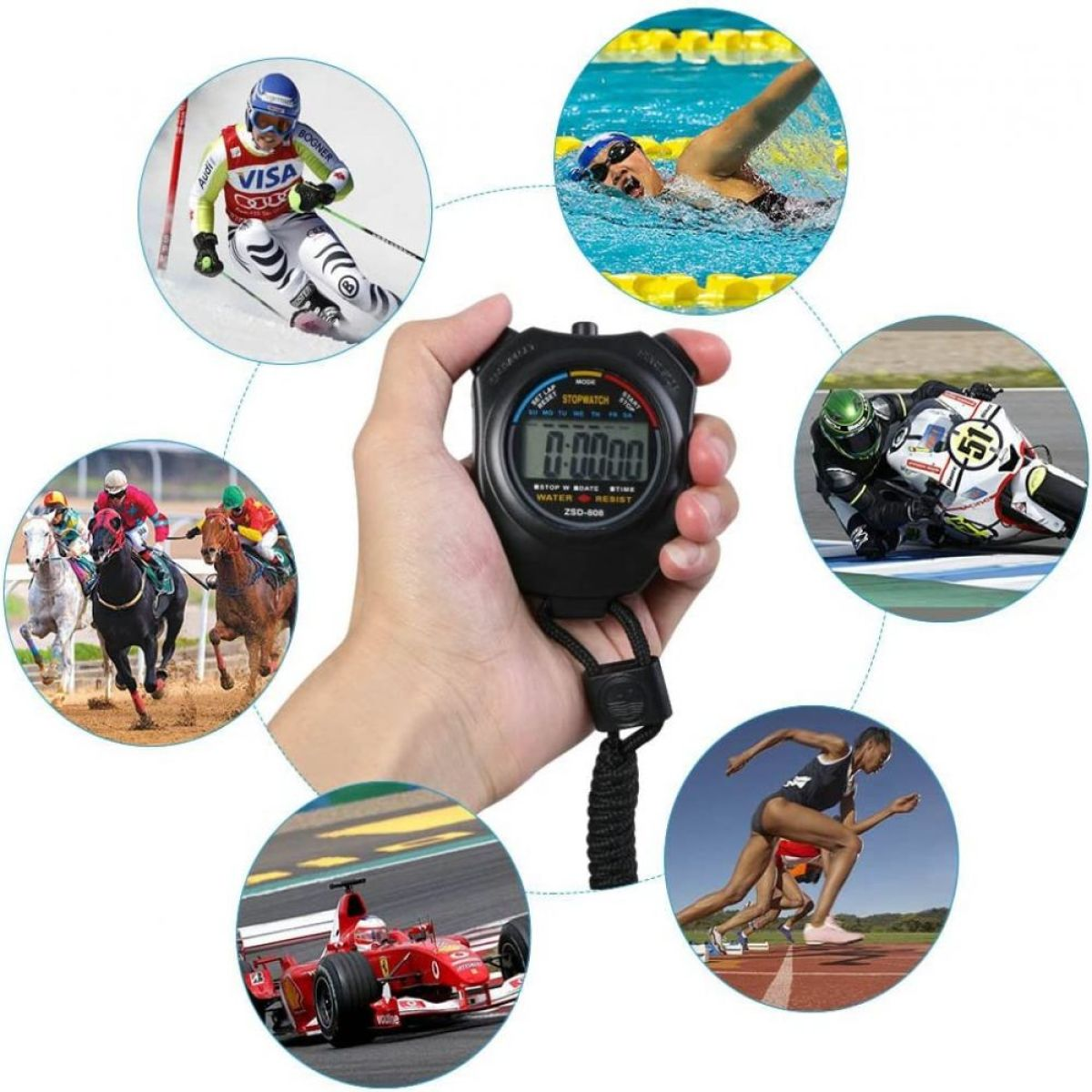 Eine Hand, die eine Stoppuhr hält. Der Hintergrund zeigt verschiedene Sportarten: Skifahren, Schwimmen, Rennen, Laufen und Motorradfahren.