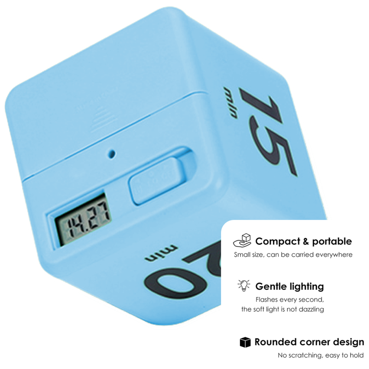 Ein hellblauer, würfelförmiger Timer mit Digitalanzeige 14:27.