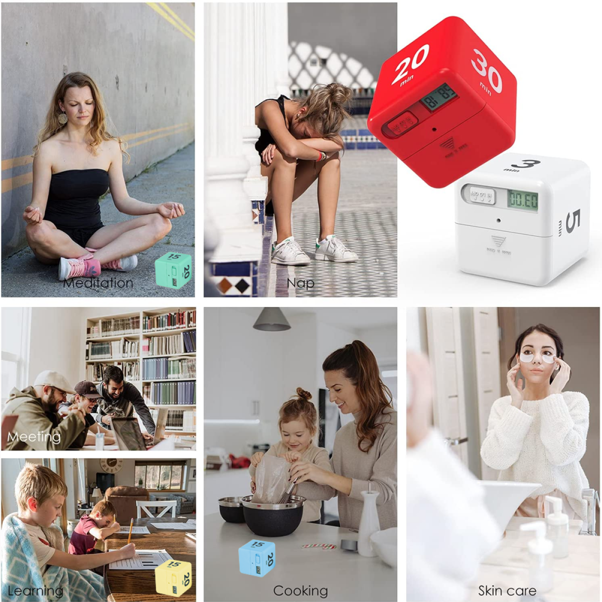 Collage, zeigt Menschen bei verschiedenen Aktivitäten mit Zeitmanagement-Geräten.