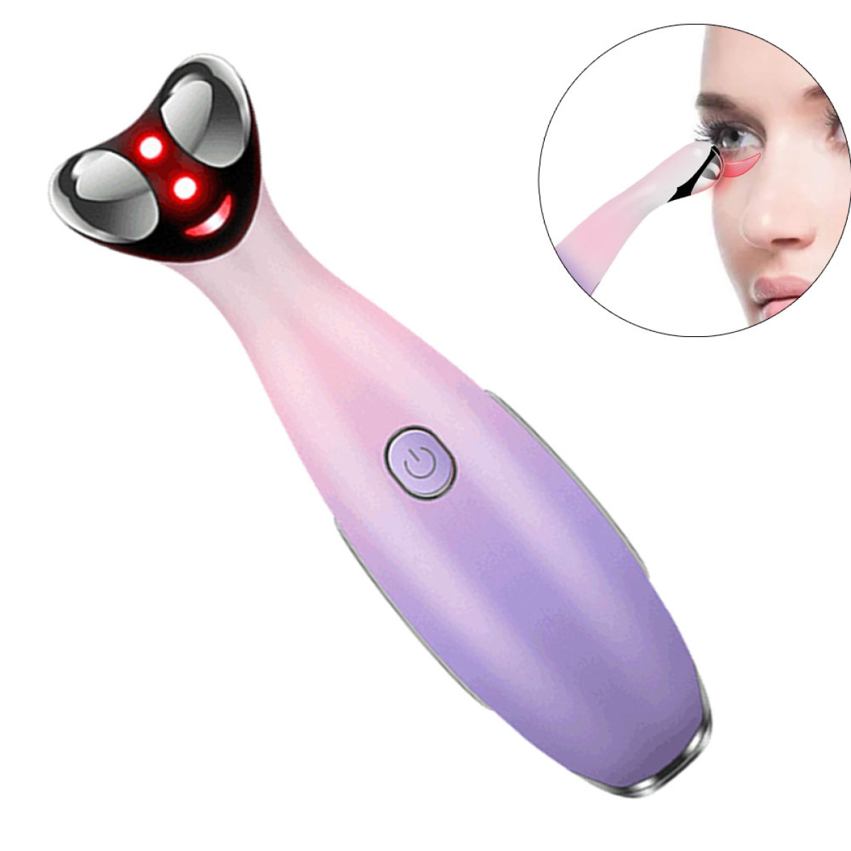 Ein Augenmassagegerät. Es hat einen lila und rosa Körper mit roten Lichtern. Das Auge einer Frau wird gezeigt.
