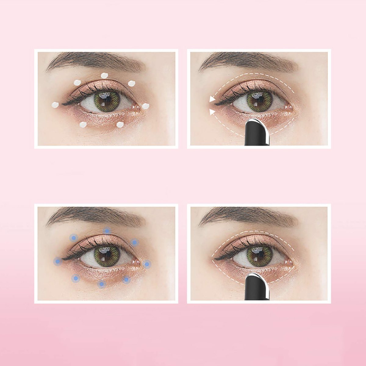 Nahaufnahme von Augen, die den Prozess des Auftragens von Augencreme zeigen.