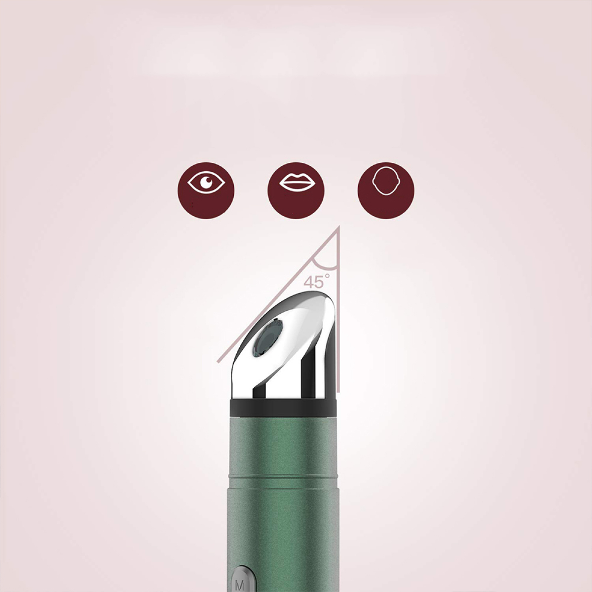 Grünes Gerät. Drei Symbole darüber, die Auge, Lippen und Gesicht zeigen. Ein 45°-Winkel ist angegeben.