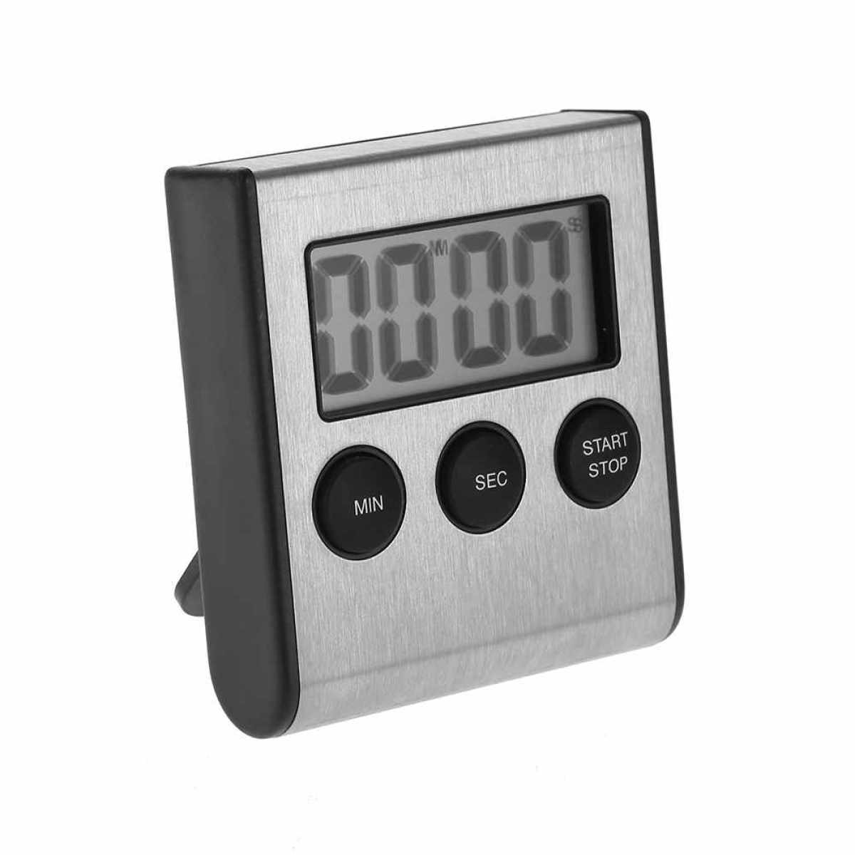 Ein kleiner, silberner digitaler Küchentimer mit drei Tasten: Min, Sek und Start/Stopp.
