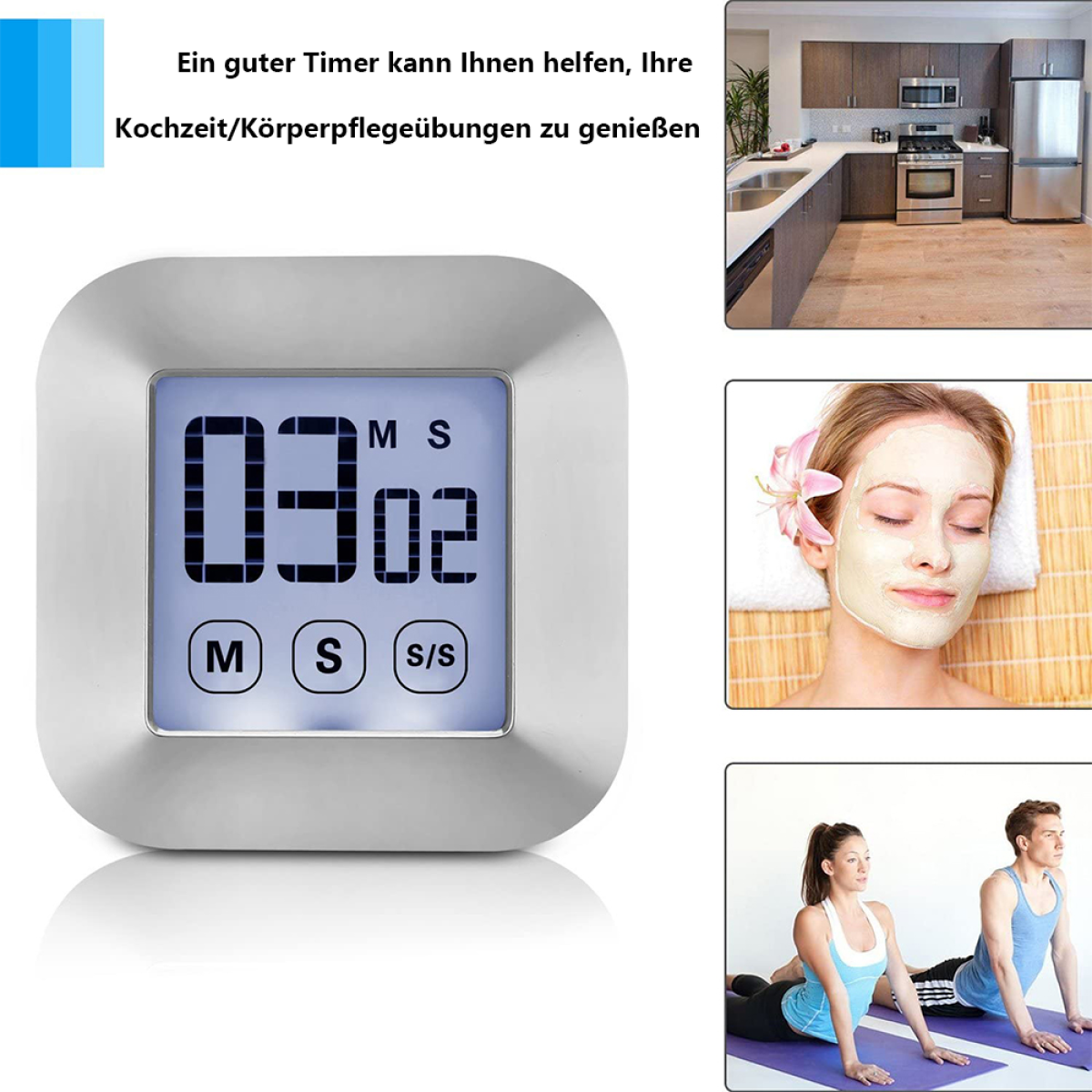 Ein Timer, eine Küche, eine Frau mit Gesichtsmaske und Yoga-Übende.