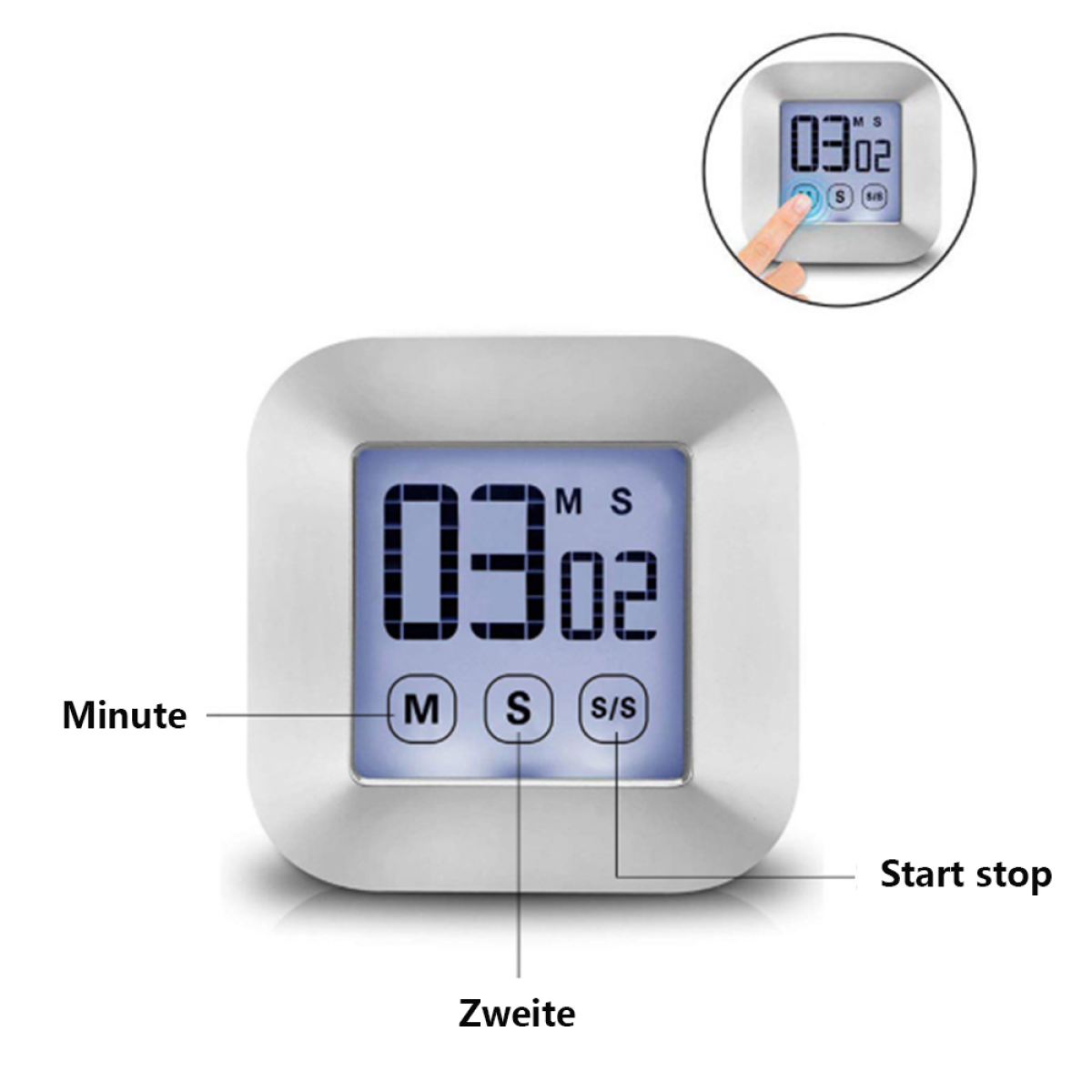 Digitaler Küchentimer mit der Anzeige '03:02' und den Tasten 'M', 'S' und 'S/S'.