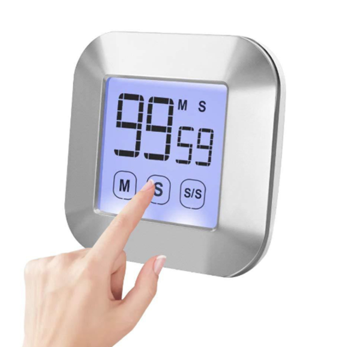 Digitaler Küchentimer, Finger drückt Starttaste, zeigt Zeit 99:59.
